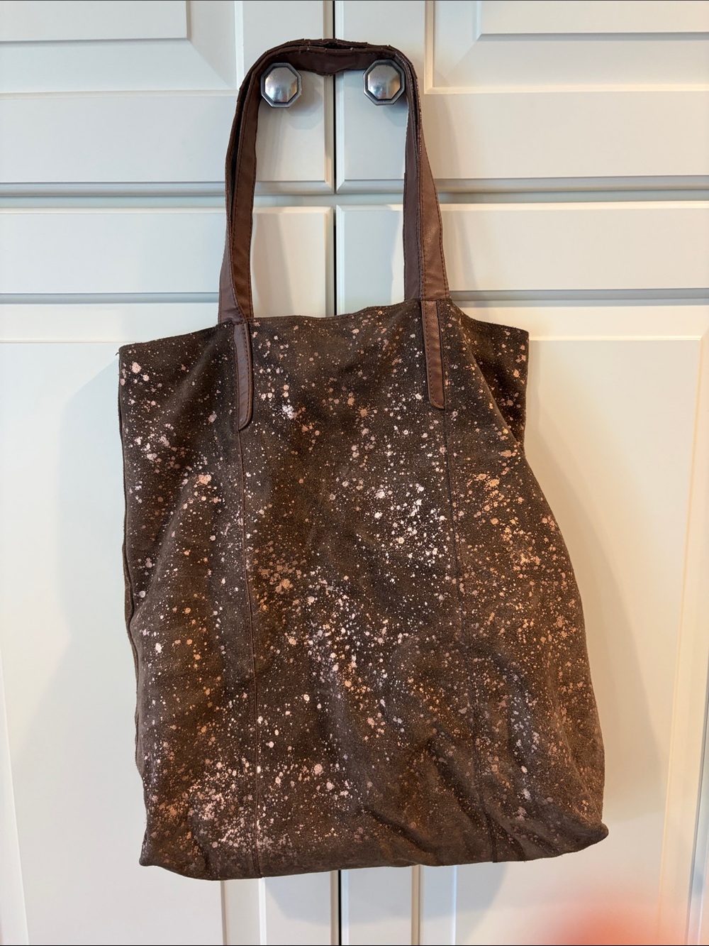 Brown Splatter-Print Leather Tote Bag and Zip Pouch with tassel